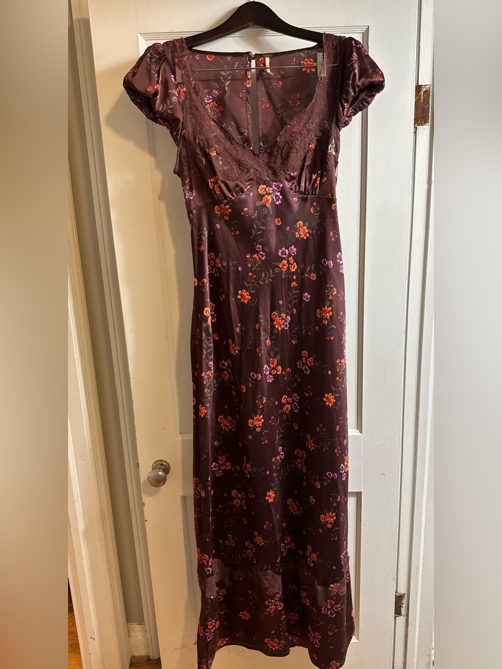 Free People Floral Maxi Slip Dress in Burgundy with Orange & Purple Flowers